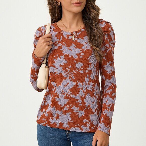 Simply Vera Vera Wang Tops - NWT Women’s Rust Orange Gray Waffle Knit Floral Top Size S Ruched Sleeves Casual